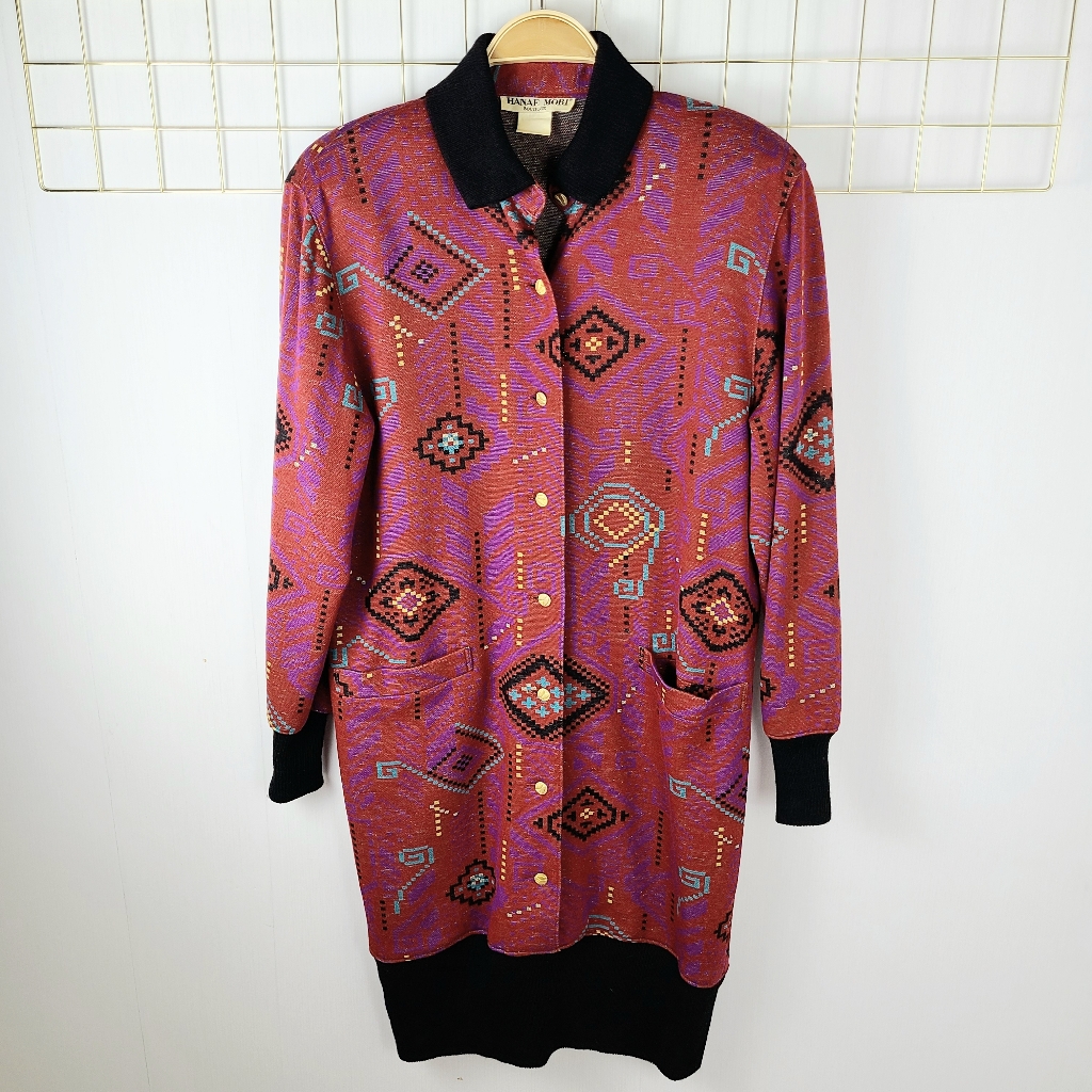 Hanae Mori Boutique Graphic Print 1980s Vintage Long Sleeve Blouson Knit Dress